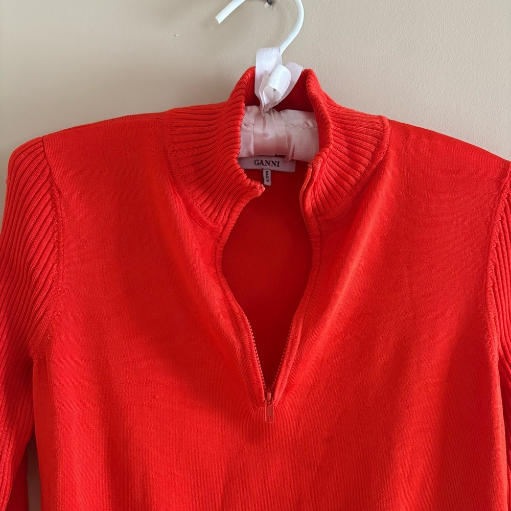 Ganni Red Ribbed Quarter-Zip - Picture 2 of 5